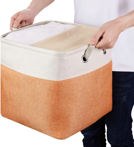 Miniatura 3 de Cajas de almacenamiento plegables de tela, cajas de almacenamiento plegables de 13 pulgadas, canastas de almacenamiento de retazos naranja y beige