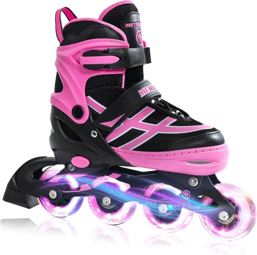 METROLLER Patines en línea para niñas y niños Edades 5-8 8-12 Patines en línea ajustables con ruedas iluminadas Patines en línea para jóvenes y Rosa