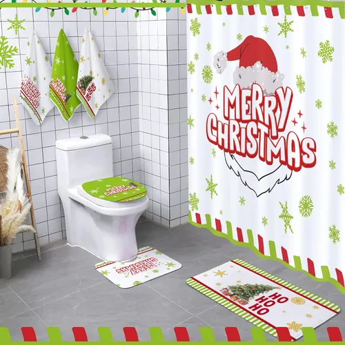 Miniatura 12 de Newwiee 7 piezas de juego de baño de Navidad, cortina de ducha de Navidad, cortina de ducha decorativa antideslizante, alfombras y toallas