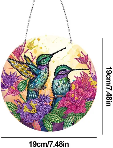 Miniatura 6 de LUSandy Kit de pintura de diamante de colibrí con flores 5D para bricolaje, letrero de arte de pared, colibrí, diamante, atrapasoles, adorno Flores