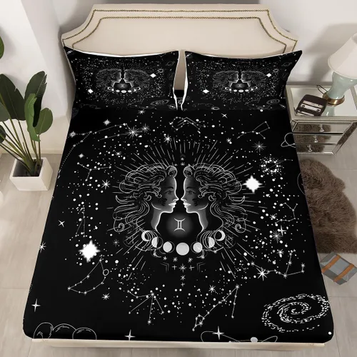 Miniatura 6 de Erosebridal Aries - Sábanas bajeras de nebulosa hippie tamaño individual, sábanas psicodélicas de astrología del zodiaco psicodélico, funda de cama