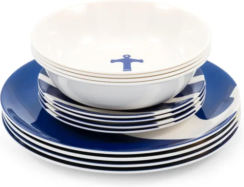 Camco Juego de vajilla de melamina de 12 piezas - Presenta diseño náutico azul y blanco - Incluye 4 cuencos, 4 platos de ensalada y 4 platos llanos