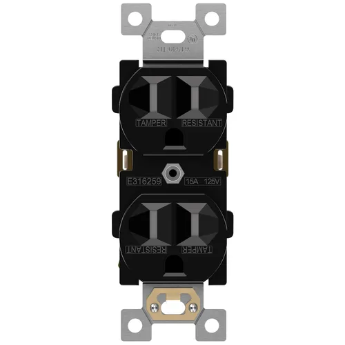 ENERLITES Toma de corriente doble, tomas de pared resistentes a manipulaciones, grado comercial, 15 A 125 V, autoconexión a tierra, 2 polos, 3 Negro