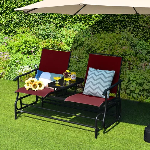 Miniatura 4 de Tangkula Silla mecedora para 2 personas, sofá biplaza mecedora para patio con mesa central de vidrio templado, banco de columpio para exteriores