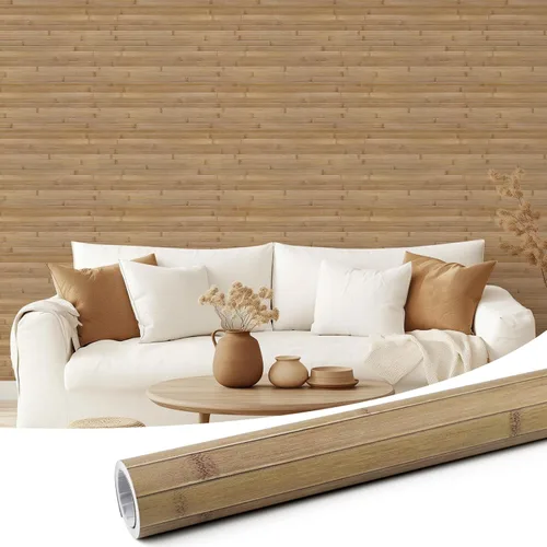 Pole Wrap - Papel tapiz de bambú a rayas para despegar y pegar, papel de contacto de madera sintética texturizada, 17.3 x 120 pulgadas, listones de