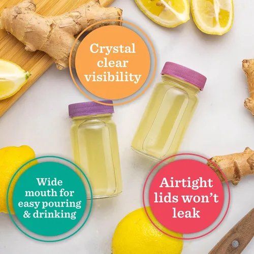 Miniatura 2 de Botellas de vidrio para jugo con tapas, transparentes, 2 oz, tapas de colores y bandas de agarre de silicona, almacenamiento de bebidas, para jugos