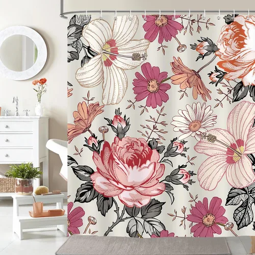 Miniatura 5 de Cortina de ducha floral rosa de 72 x 72 pulgadas, cortina de ducha retro de estilo rústico de mediados de siglo, para decoración de baño, tela