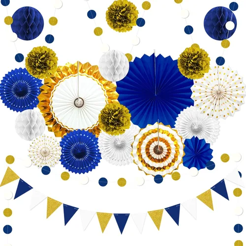Miniatura 9 de 23 piezas de decoraciones de fiesta de cumpleaños azules para niños y hombres, bola de panal azul marino real azul claro, abanicos de papel