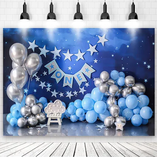 Globos de estrellas centelleantes de cielo azul para fiesta de primer cumpleaños de un año de edad, telón de fondo para fiesta en el hogar, pancarta