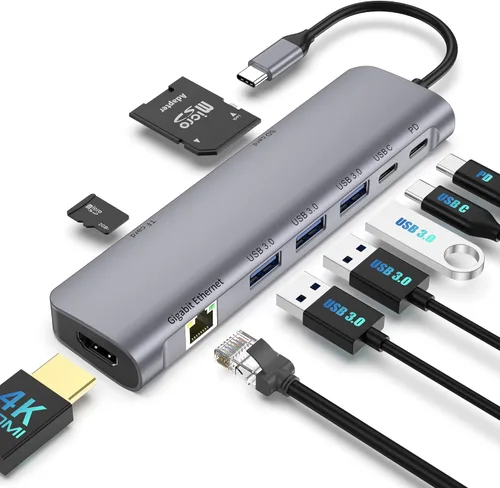 Estación de acoplamiento para portátil con concentrador USB C 9 en 1, adaptador multipuerto con HDMI 4K@30Hz, 3X USB 3.0, Gigabit Ethernet, puerto