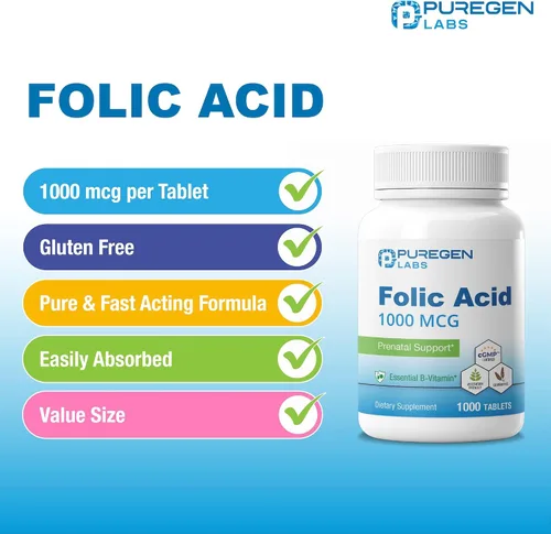Miniatura 3 de Puregen Labs - Tabletas de ácido fólico de 1000 mcg Vitamina B9 Sin OMG Sin gluten Tamaño de valor de 1000 comprimidos