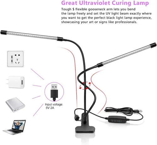 Miniatura 3 de Luz Negra LED de Doble Cabezal, Luminaria de Luz UV de 20W con Abrazadera, Lámpara de Cuello de Ganso UV de 395-405nm Alimentada por USB para Fiesta