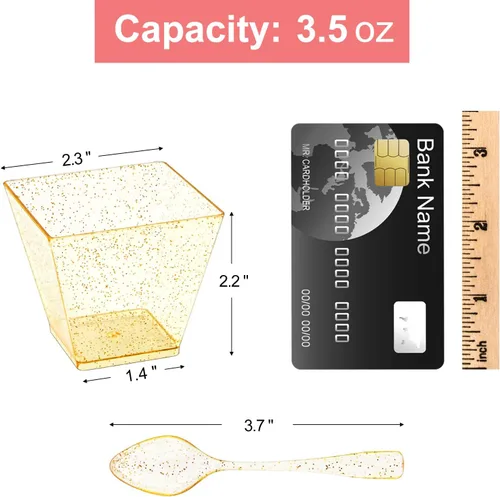 Miniatura 2 de Mini tazas de postre con purpurina dorada de 3.5 onzas con cucharas, paquete de 50 tazas de postre de plástico dorado para postres pequeños