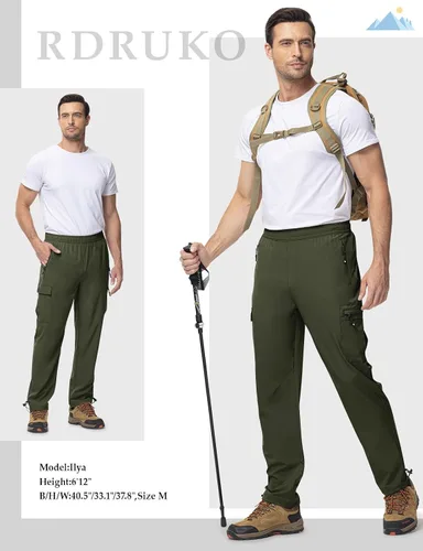 Miniatura 7 de Rdruko Pantalones de senderismo para hombre, de secado rápido, ligeros, resistentes al agua, elásticos, con 5 bolsillos y cordón