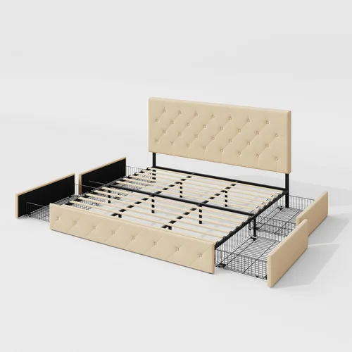 Miniatura 9 de Allewie - Base de cama con plataforma tamaño King, tapizada, con 4 cajones de almacenamiento y cabecera, diseño tapizado cosido en forma de diamante