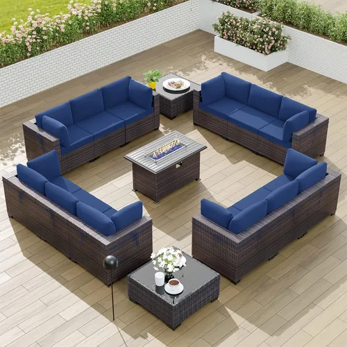 Miniatura 95 de Kullavik Juego de 13 muebles de patio al aire libre con mesa de fogata de gas propano de 43 pulgadas, 55000 BTU, mimbre de polietileno, sofá Arena