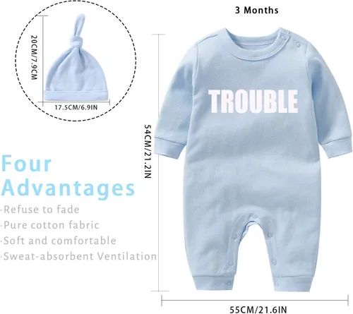Miniatura 2 de YSCULBUTOL Conjunto de mameluco para bebé gemelos, divertido doble problema, lindo mameluco para niña, mono gemelo, conjunto de sombrero