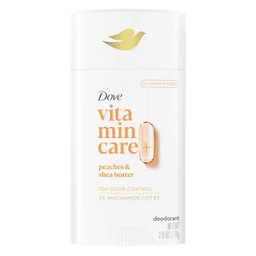 Dove VitaminCare+ Desodorante en barra libre de aluminio para protección de olores 72H melocotones y manteca de karité, desodorante transpirable