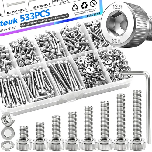 mxuteuk Juego de tornillos M2.5 surtidos, M2.5 x 4/6/8/10/12/16/20/25mm, tornillos de cabeza hexagonal con tuerca hexagonal, kit de tuercas, acero