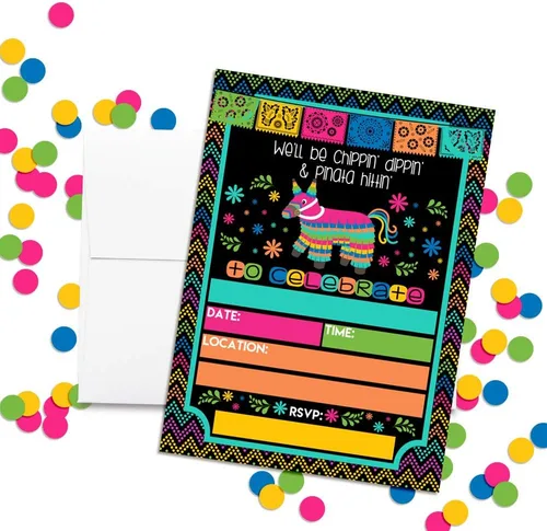 Miniatura 2 de Chippin', Dippin' & Pinata Hittin' Neon Fiesta Invitaciones para fiesta de cumpleaños, 20 tarjetas de relleno de 5 x 7 con veinte sobres blancos por