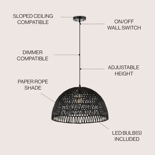 Miniatura 3 de JONATHAN Y JYL6504C Lámpara Colgante de Cúpula Tejida de 20", Luminaria Colgante Bohemia de Granja con Altura Ajustable para Isla de Cocina, Negro