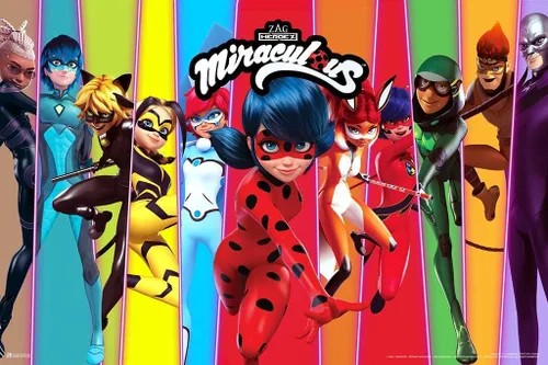 Póster laminado de mariquita milagrosa gato negro héroes de héroes de dibujos animados de dibujos animados de la serie de televisión, mercancía de