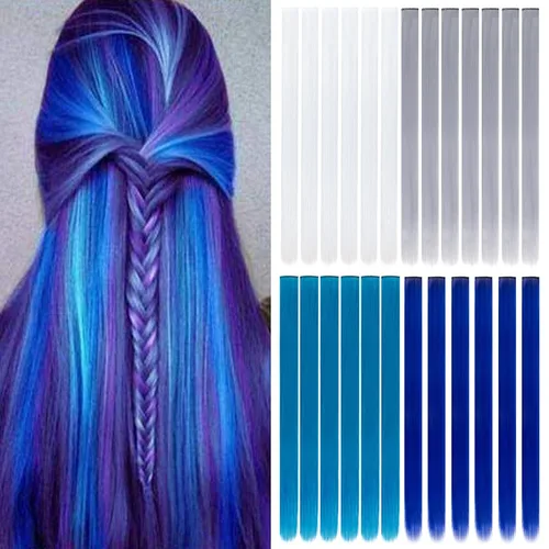 Miniatura 8 de 20 extensiones de cabello con clip de colores para niñas, extensiones de cabello arcoíris multicolor de 20 pulgadas, reflejos instantáneos, piezas