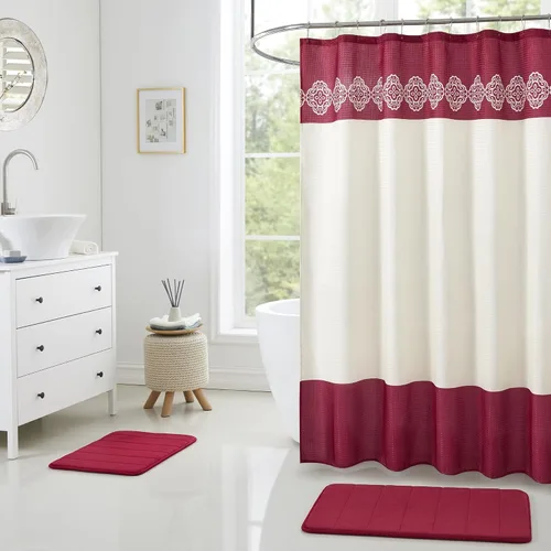 Miniatura 11 de Juego de cortina de ducha de baño de 15 piezas con alfombras de baño de espuma viscoelástica. 2 tapetes de baño antideslizantes de diseño moderno