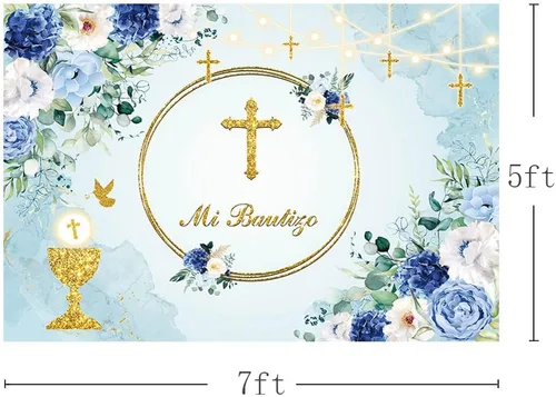 Miniatura 3 de MEHOFOND Telón de fondo Mi Bautizo de 7 x 5 pies, diseño floral azul para la primera comunión, fondo de fotografía de la primera comunión, Santo