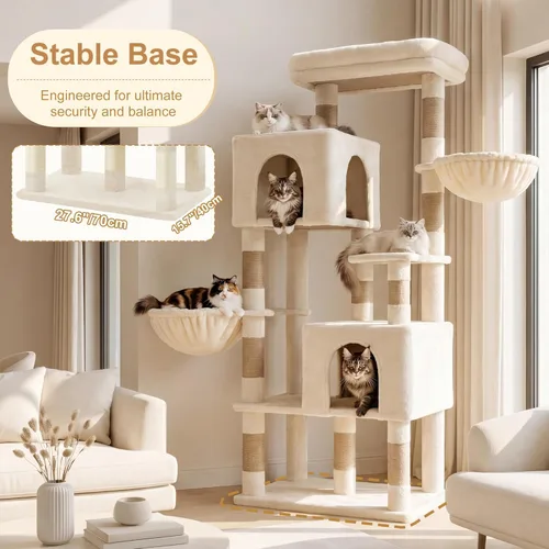 Miniatura 3 de Heybly 68.1" Cat Tree with Oversized Top Platform & Wide Base, Heavy Duty Cat Tower for Large Indoor Cats with 2 Condos, 2 Hammocks, 10 Sisal