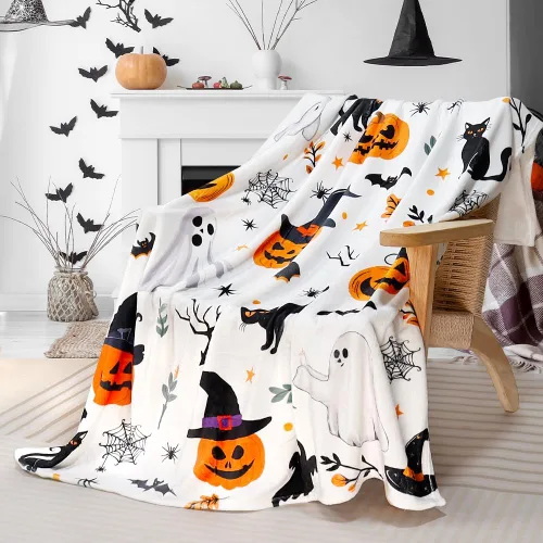 Miniatura 3 de Tupmnbry Manta de Halloween con estampado de calabaza, fantasma, gato, manta de franela súper suave, manta de cama ligera y esponjosa para cama