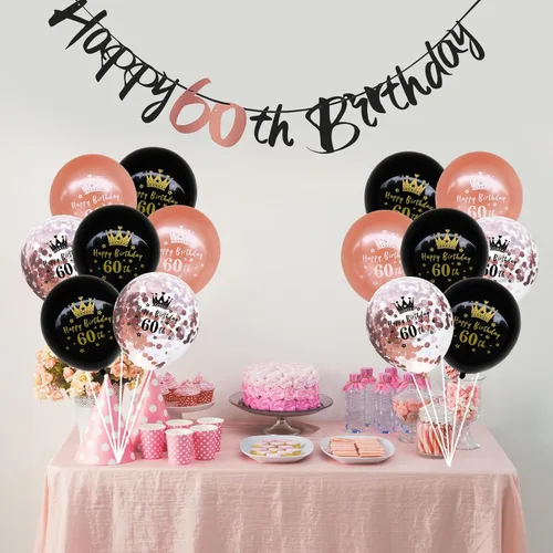 Miniatura 7 de Kit de decoración de cumpleaños número 60, 16 piezas de decoraciones de cumpleaños de oro rosa negro con banderines de feliz cumpleaños 60, globos