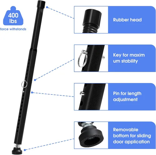 Miniatura 5 de Barra de Seguridad para Puerta Corrediza a Prueba de Niños, Paquete de 2, Ajustable de 16 a 51 Pulgadas, Tope de Barra de Seguridad para Puerta Negro