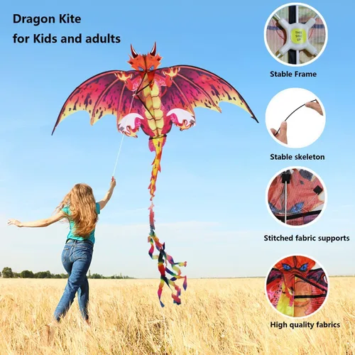 Miniatura 4 de eyijklzo Cometa de dragón verde hermosa y fácil de volar para niños y adultos con cola larga y colorida, accesorios fáciles de volar