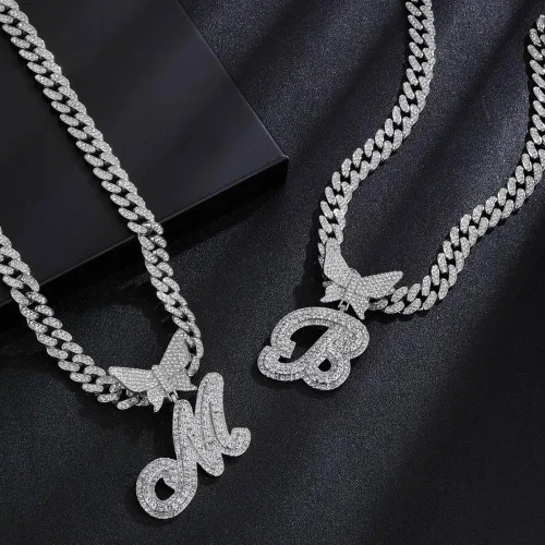 Miniatura 5 de Cadena de eslabones cubanos de plata para mujeres y hombres, letra inicial personalizada, collar personalizado, collar de diamantes de cadena