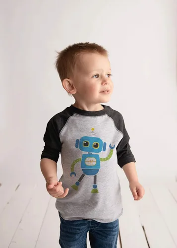 Miniatura 4 de 7 ate 9 Apparel Camiseta de béisbol vintage para niño, diseño de robot, gris y azul