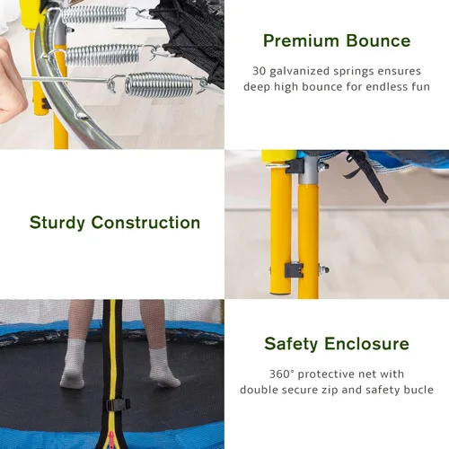 Miniatura 5 de Merax Trampolín de 66 pulgadas para niños con aro de baloncesto, bola de goma y red de recinto, mini trampolín pequeño de 5.5 pies para interiores