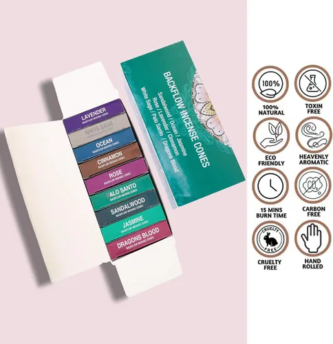 Miniatura 5 de Juego de 9 conos de incienso de reflujo paquete variado de regalo - salvia blanca, sangre de dragón, palo santo, jazmín, lavanda, océano, sándalo