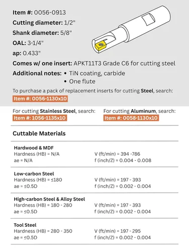 Miniatura 2 de Accusize Industrial Tools Molino de extremo indexable de hombro cuadrado de 90 grados de 1/2 '' con insertos de carburo Apkt11T3, 0056-0913