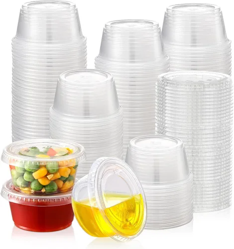 AOZITA 60 juegos – Vasos de gelatina de 2 onzas, tazas de porciones con tapas, pequeños recipientes de plástico con tapas, vasos herméticos y