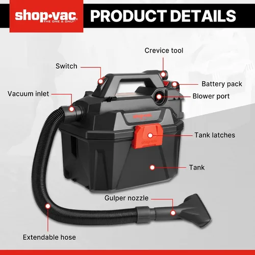 Miniatura 5 de Shop-Vac 5430023 - Aspiradora inalámbrica para húmedo/seco de 20 V, 2 galones, 1.5 pulgadas de diámetro x 5 pies, diseño portátil para limpieza