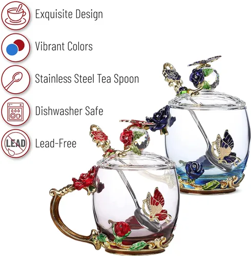 Miniatura 4 de BTaT- Juego de tazas de té de vidrio floral con tapas y cuchara, paquete de 2, 11 onzas, azul y rojo, diseño de flores con caja de regalo, tazas