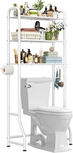 Miniatura 3 de Simple Trending Estante de almacenamiento sobre el inodoro, estante organizador de baño de metal de 3 niveles con soporte para papel y 3 ganchos