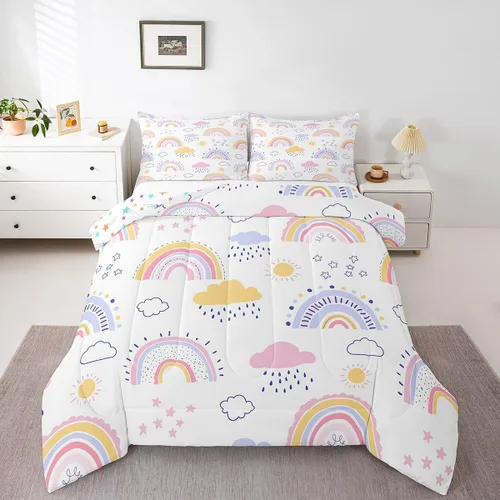Miniatura 17 de Juego de Edredón de Princesa de Ballet para Niñas Tamaño Individual, Juego de Ropa de Cama de Castillo Arcoíris Kawaii Flores Lindas Mariquita Multi