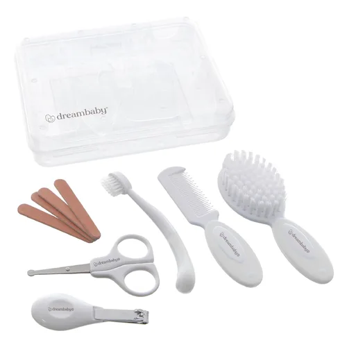 Dreambaby Kit esencial de aseo para bebé, juego de cuidado de seguridad para recién nacidos con cepillo, peine, cepillo de dientes, cortauñas, Blanco