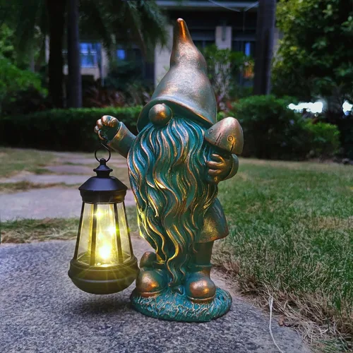 JOYBEE Estatuas de Jardín Gnomos con Linterna Solar Decoración Exterior - Gnomos Figuras Solares Luces Decoraciones para Patio Jardín Césped