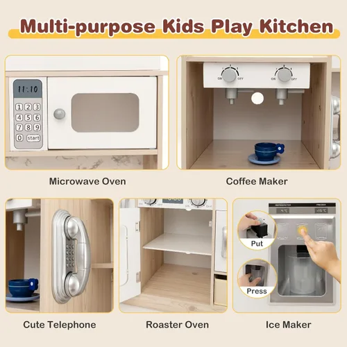 Miniatura 3 de Costzon Juego de cocina para niños, cocina de madera con luces LED de lujo, máquina de hielo, horno, lavadora, teléfono de juego, juego de juguetes