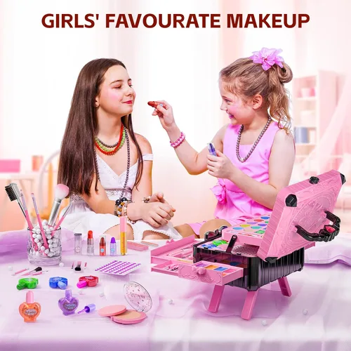 Miniatura 2 de Juegos de maquillaje para niñas - Juguetes de maquillaje lavables para niños pequeños con espejo, mesa de vestir con soporte, juegos de maquillaje