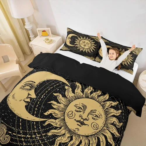 Miniatura 27 de Erosebridal Juego de ropa de cama bohemio con sol y luna, funda de edredón hippie de 3 piezas, colorida funda de edredón teñida anudada, funda