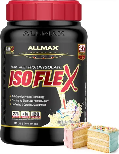 ALLMAX Nutrition - ISOFLEX Polvo de Proteína de Suero, Proteína de Suero Aislada, 27g de Proteína, Pastel de Cumpleaños, 2 lb